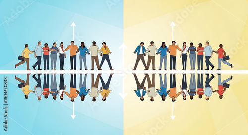 Diverse group of people standing together on a split colored background with arrows pointing up and down in a symbolic illustration gender equality