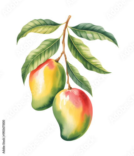 Tropical mango fruits hanging on stems in natural watercolor style. Botanical mango fruit collection on branches.