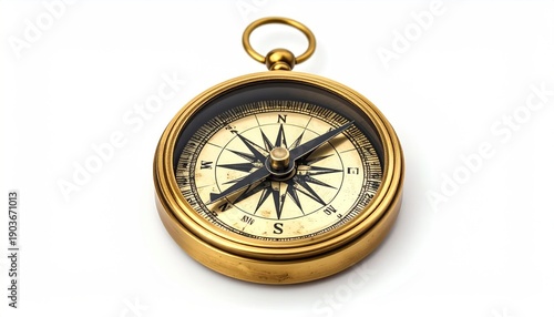 Vintage Brass Compass on White Background for Navigation and Exploration.