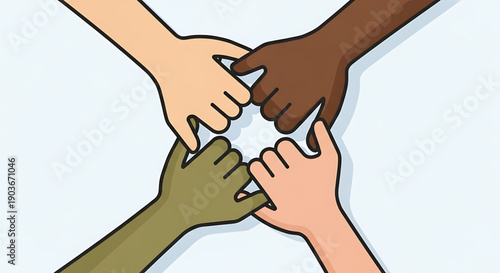 Diverse hands joining together in unity and solidarity with a light blue background gender equality
