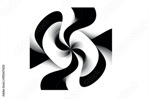 Abstract black and white swirling pattern with geometric shapes and gradient effect