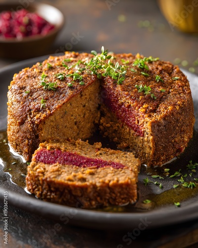 Golden crusted chopped liver steeped tradition infused earthy spice slowly dissolve plate symphony of texture unfolding against backdrop of rich brown patina formed velvety crimson red centre clean
