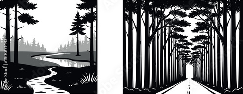 Black silhouette nature scene set with forest road and riverside woodland landscape for moody wilderness illustration isolated on white background