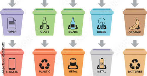 Waste recycling bins illustration set showing paper, glass, plastic, metal, organic, batteries, and e-waste sorting system