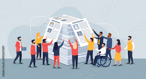 Diverse group of people working together to carry and stack large papers in an office setting with a person in a wheelchair gender equality