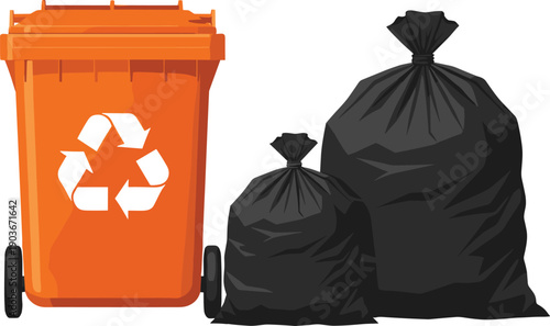 Recycling bin and garbage bags illustration showing waste disposal, trash management, and environmental cleanup concept in flat vector style