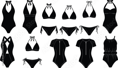 swimwear,bikini,swimsuit,fashion,beach,summer,clothing,women,apparel,design,silhouette,black,white,vector,illustration,set,collection,style,modern,outfit