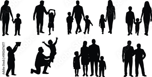 Family silhouette icon set illustration showing parents and children activities together, people pictogram collection, parenting, love, unity, lifestyle concept, design