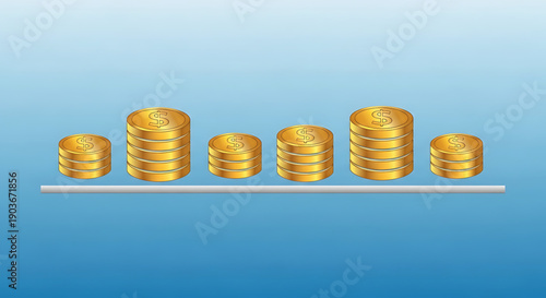 Stacks of gold coins on a white bar against a blue gradient background, symbolizing financial growth and prosperity concepts gender equality