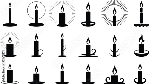 WebVector illustration of candle silhouettes in black artistic design, showcasing lit wax candles with decorative holders and radiant halos, concept for lighting, celebration