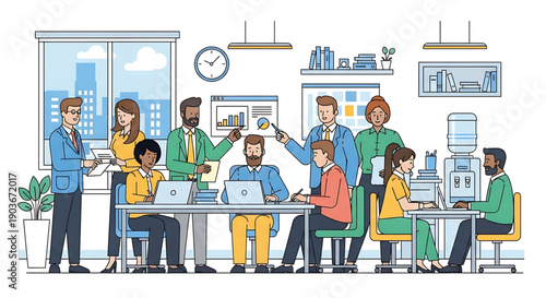 A diverse group of colleagues collaborating and celebrating in a modern office setting with laptops and decorations gender equality