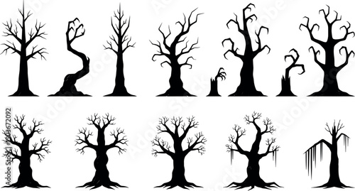 Black silhouette set of stylized bare trees with twisted trunks, dramatic branches, roots and gothic woodland forms