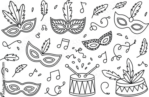 Mardi gras masks and musical elements illustration for coloring