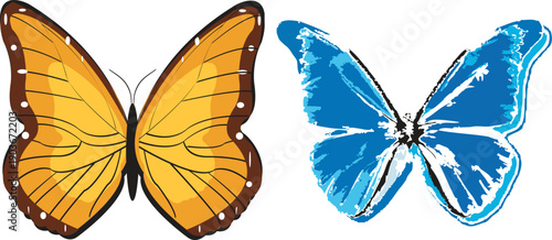 A graphic illustration depicts two butterflies one vibrant yellow and another striking blue wings spread and facing forward high quality professional