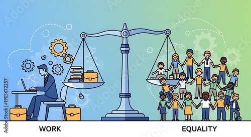 Illustration of a businessman working at a desk with a scale balancing work and equality in a colorful graphic representation gender equality