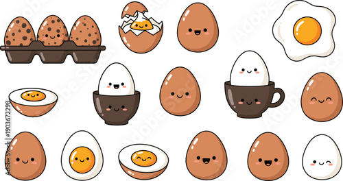 Cute egg characters illustration set featuring smiling boiled, fried, and cracked eggs in kawaii flat vector style