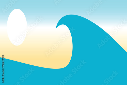 A stylized illustration depicts a turquoise wave cresting under a bright circular sun with a golden horizon high quality professional detailed