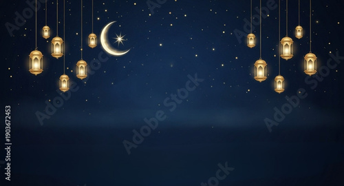 Luxury Ramadan Background with Golden Mosque, Crescent Moon, and Islamic Geometric Pattern