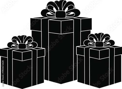 Three black gift boxes with decorative bows on top, varying in size.