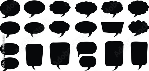 Collection of twenty black speech bubble shapes in various styles and sizes on a white background