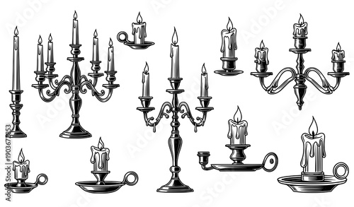 Vintage Candles and Candle Holders Vector Set – Classic Candlesticks and Candelabrum Illustrations