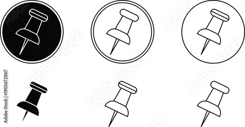 Collection of six push pin in black and white on a transparent background pushpin