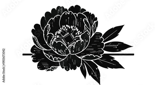 Peony flower illustration features bold black petals and elegant foliage.