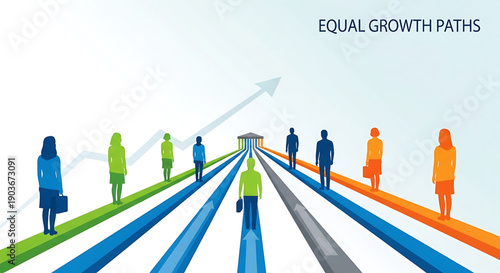 Business people on equal growth paths with colorful tracks and upward arrow trend gender equality