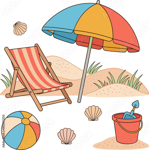 Hand drawn summer beach vacation set with sketch style deck chair umbrella beach ball and sand dunes