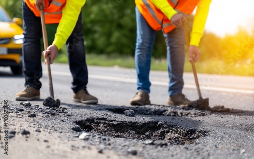 Road Repair Workers Fixing Potholes on Asphalt Surface with Reflective Vests