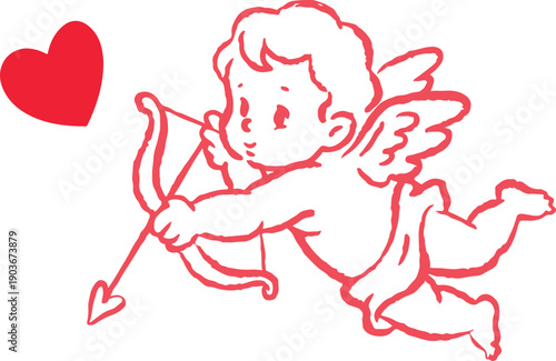 A cherubic angel with a bow and arrow aiming at a heart in the sky Vector