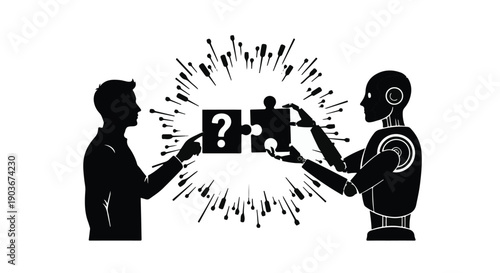 Businessman and robot connect puzzle pieces to solve a complex problem together.