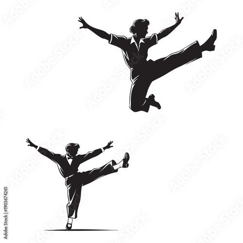 "Vintage-Inspired Man Dancing and Leaping with Joy" 