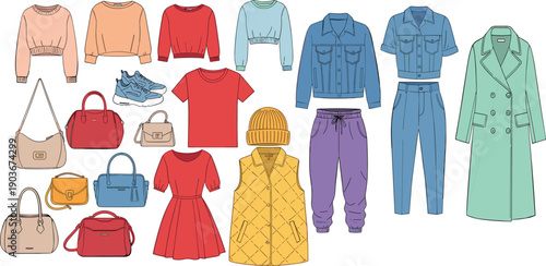 Fashion clothing, sweaters jackets, denim trousers, jogger pants, red dress, sneakers footwear, handbags accessories, beanie hat, stylish wardrobe, flavector