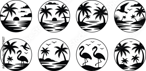 Tropical oasis a collection of palm tree and flamingo silhouettes in oval frames