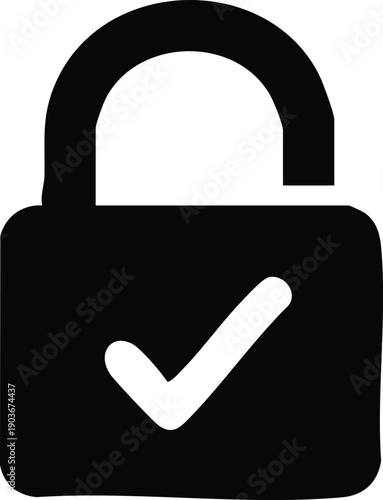 Black padlock with a white check mark inside indicating security and access granted