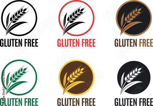 Set of six gluten free food labels with wheat icons in various colors for packaging diet stickers health food certification and restaurant menu graphic design.
