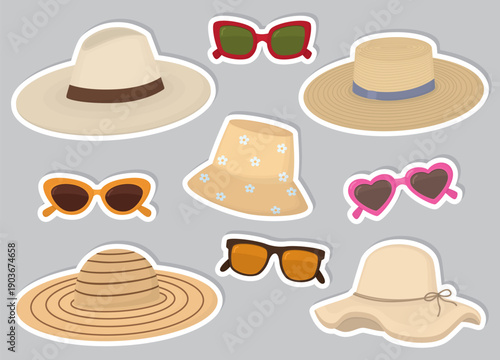 Set of stickers with hats and sunglasses. Illustration of summer accessories isolated on gray