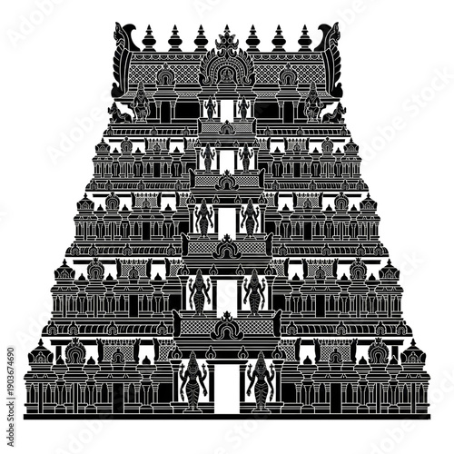 Intricate black and white illustration of a South Indian temple gopuram, isolated on transparent background