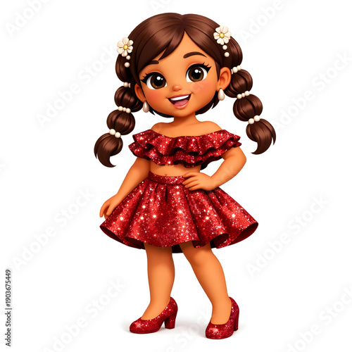 Young Girl with brown pigtails and flower hair accessories wearing sparkly Burgundy outfit and shoes