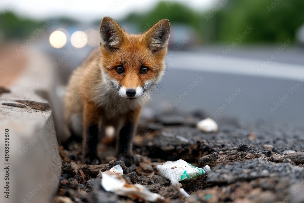 Fototapeta premium Young Red Fox Standing Beside Cracked Asphalt Road with Windblown Plastic