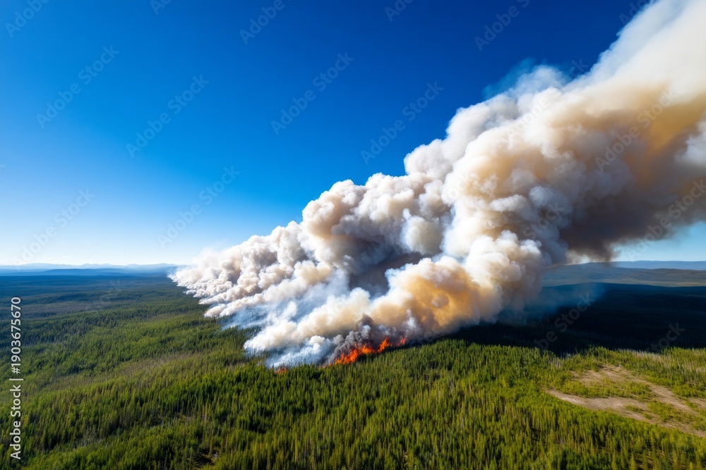 Fototapeta premium Wildfire Advancing Through Forest Landscape with Smoke and Flames in Background