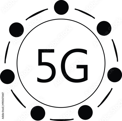 Black 5G with circular nodes and connecting arcs on a white background technology