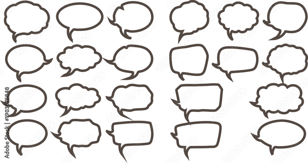 Fototapeta premium Assortment of hand-drawn speech bubble outlines in various shapes and sizes on a white background