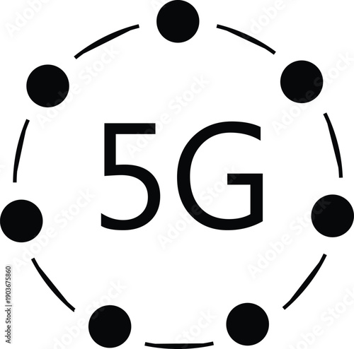 Black 5G with circular arrangement of dots and connecting arcs on white background