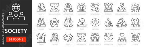 Society line icon set. Editable Stroke. Community, people, cooperation, unity, social, network - stock vector.