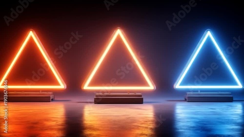 Neon illuminated geometric triangles displayed on a dark background