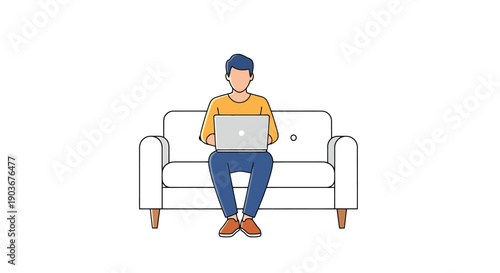 Person Works Remotely Seated On Couch Using Laptop Computer Device For Online Connection Technology Casual Home Office Setting