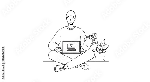 Person watering a plant with a laptop showing a seed on screen symbolizing growth and development of digital ideas or businesses in a minimalist line