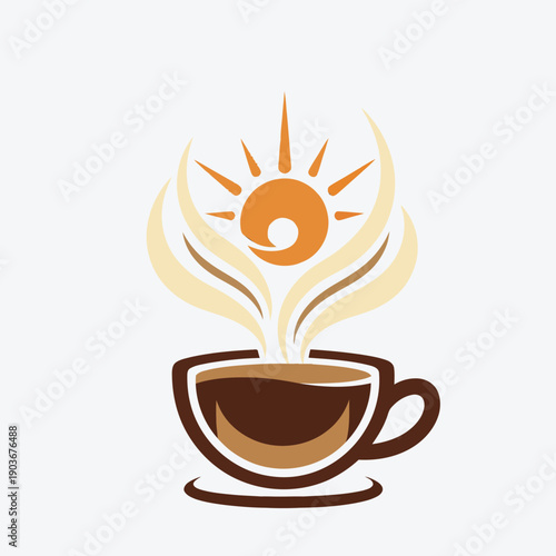 A steaming cup of coffee with a sun shaped design within the vapor